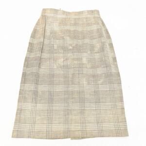 Laurel Patterned Plaid Straight Linen Pencil Skirt Cream Brown Size 40